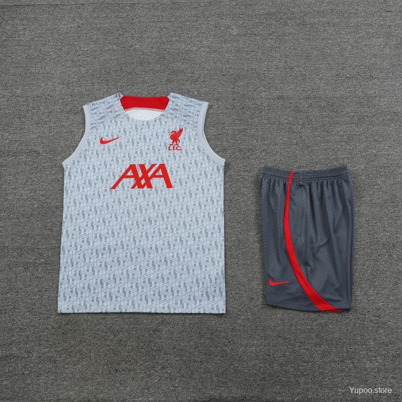 23-24 Liverpool White/Grey Grid Vest Jersey+Shorts